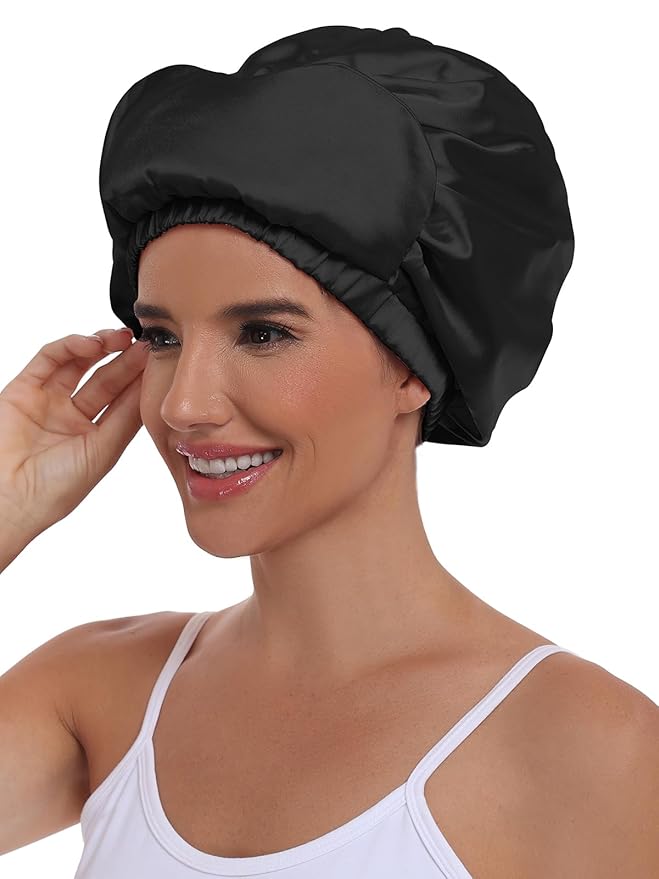 Double Layer Satin Bonnet with Eye Mask Adjustable Silk Sleep Cap Turban Style Hair Wrap for Curly Hair Black