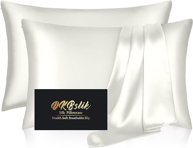 Silk Pillowcase 2 Pack, Mulberry Silk Pillow Cases Queen Size Set of 2, Anti Acne Silk Pillowcase for Hair and Skin, Natural Silk Satin Pillowcases Gifts for Women Men 2 Pack with Zipper, Ivory