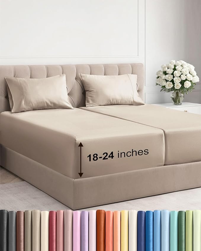 Extra Deep Split King Sheet Set - 5 Piece Breathable & Cooling Bed Sheets - Easily Fits 18 to 24 inch Mattress - Ultra Soft, Wrinkle & Fade Free w/ Extra Deep Pockets - Hotel Luxury Bedding - Wheat