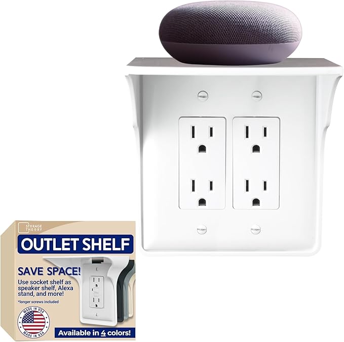 Power Perch Double Wall Outlet Shelf with Cord Storage Strap - Declutter & Reclaim Bedroom Counter Space - Alexa Stand, Apple HomePod Shelf, Toothbrush Holder for Bathroom - White, 1-Pack