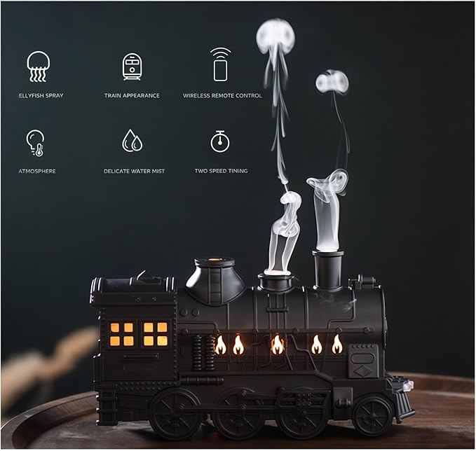 Train Diffuser, Train-Shaped Essential Oil Diffuser, Cool Mist Humidifier, Dual-Color LED Night Light, 300ml Capacity with Dual Mist Modes, Home Decor with 2-8Hour Timer (Black)