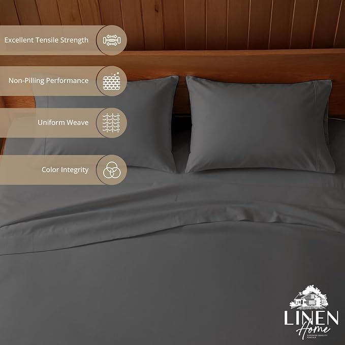 Linen Home 100% Cotton Percale Sheets King Size, Smoky Charcoal, Deep Pocket, 4 Pieces Set - 1 Flat, 1 Deep Pocket Fitted Sheet and 2 Pillowcases, Crisp Cool and Strong Bed Linen