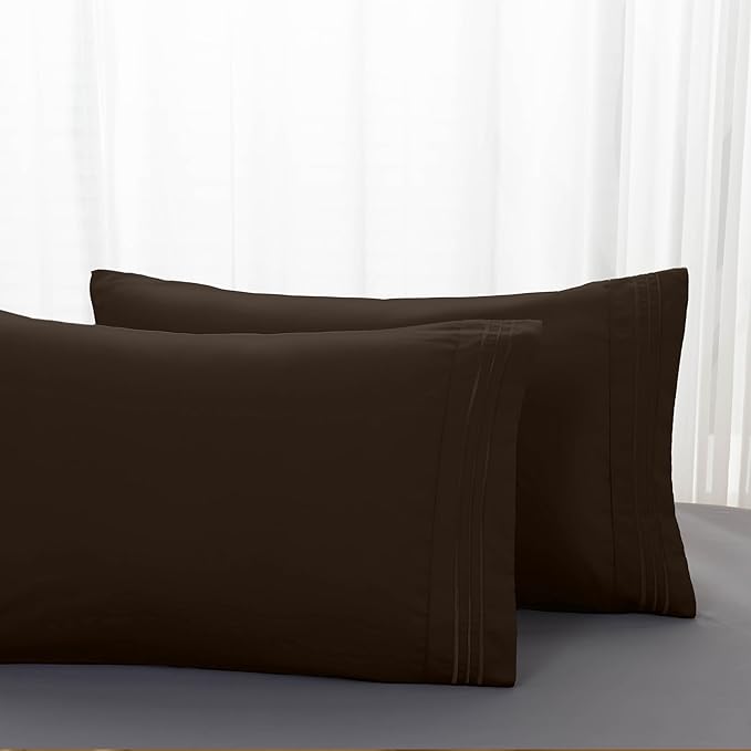 Mocassi 2-Piece Premium King Pillowcase Set 1800 Series Hotel Quality Microfiber - Soft and Breathable with 3-Line Embroidery Wrinkle and Stain Resistant, Easy Care, 20" x 40", Brown