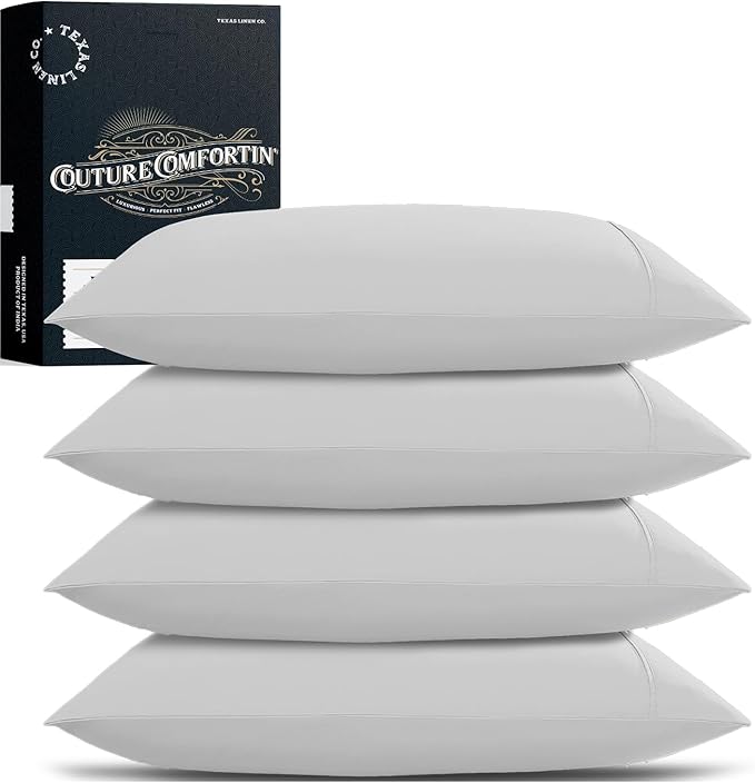 TEXAS LINEN CO. 100% Egyptian Cotton Pillow Cases King Size Set of 4 - Luxury 1500 Series Couture Comfortin' Collection Cotton Pillowcases (2 Pair, Light Grey), Breathable Hotel Sateen Pillowcases
