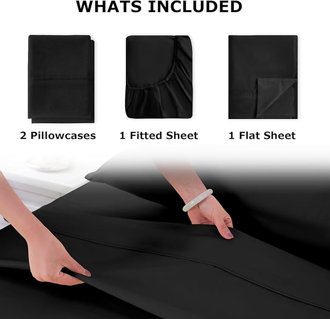California King Size Bed Sheet Set - 4 Piece Soft Microfiber Sheets with Deep Pockets, Cooling Technology, and Wrinkle-Free Pillowcase. Hotel-Quality, Durable Bedding, Black