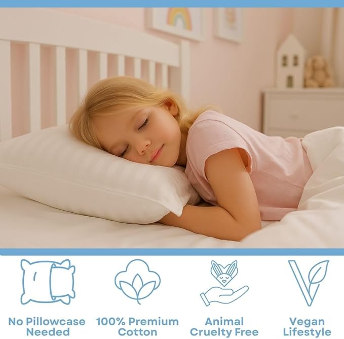 kinder Fluff Pre-Teen Pillow 2X–Certified Hypoallergenic Award Winning Youth Pillow (no Pillowcase Needed) 300TC Pure Cotton Shell and Down Alternative Fill. Toddler Bedding Kids Pillow 12+ Blue