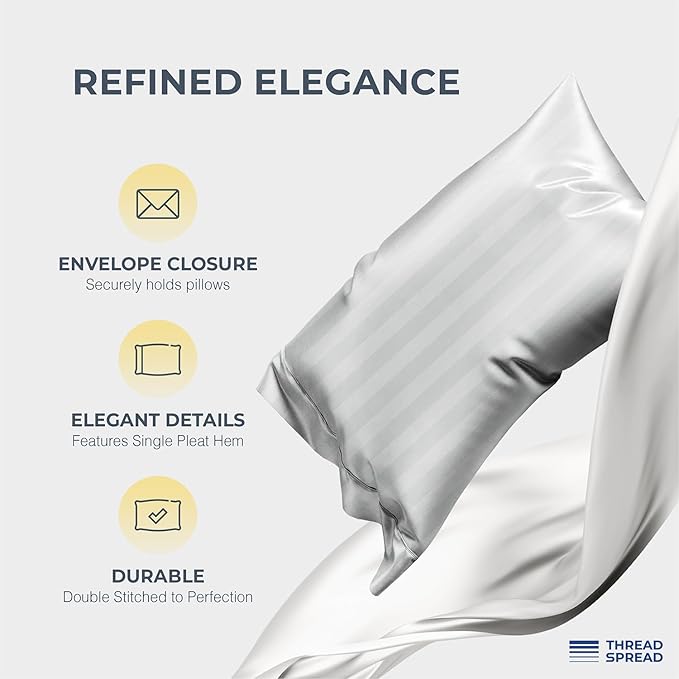 THREAD SPREAD 100% Egyptian Cotton Damask Pillow Cases Queen Size Set of 2 - Luxury 1500 Series Queen Pillow Cases (Silver Stripe), Soft Cooling Envelope Closure Hotel Egyptian Cotton Pillowcases