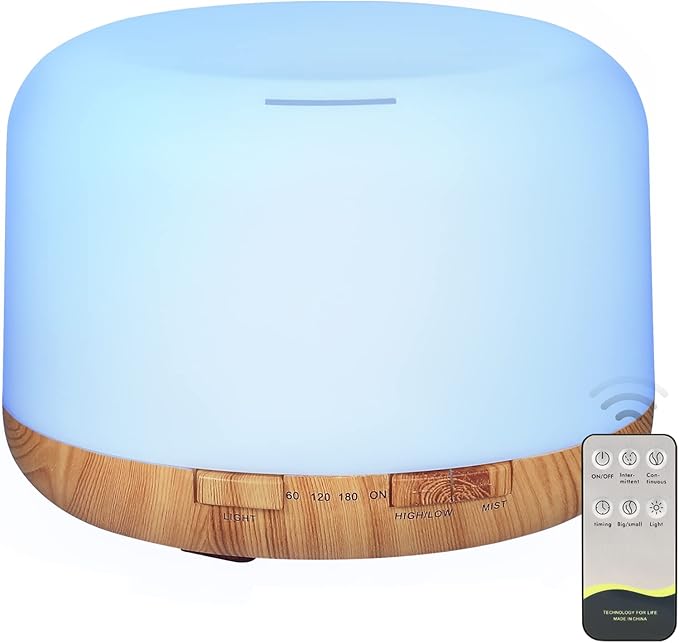 Oil Diffuser, 500ml Essential Oil Diffusers, Aromatherapy Diffuser with 2 Mist Mode 4 Timers＆7 Ambient Light Waterless Auto Off, Diffusers Large Room Home Office