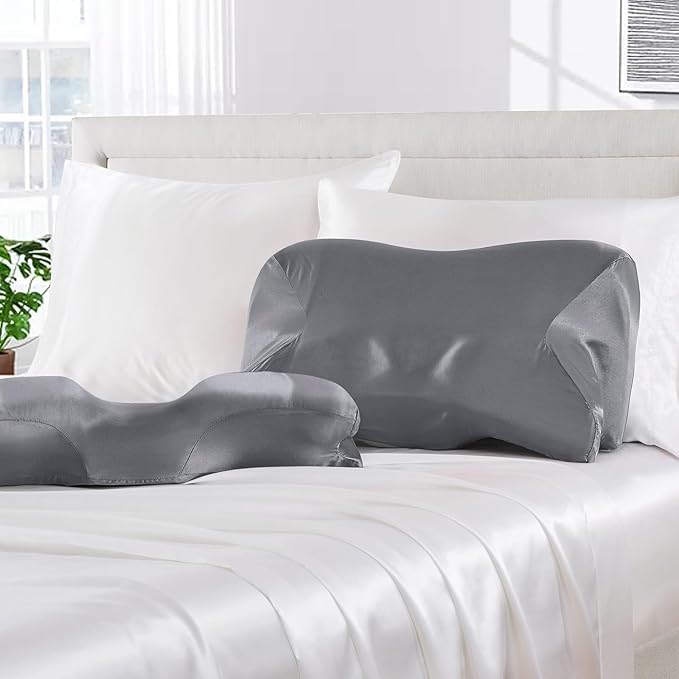 Satin Pillowcase for Cervical Pillow, Dark Grey Silky Cervical Pillow Case Contour Pillow Case Cover with Zipper, Smooth Ergonomic Pillowcase for Neck Pillow Cover