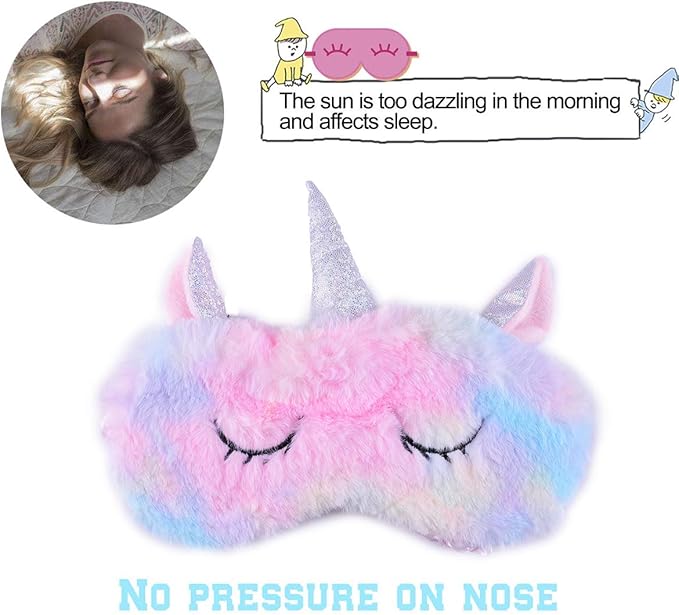 Cute Unicorn Sleeping Mask, Soft Fluffy Plush Blindfold Funny Novelty Animal Sleep Mask Eye Cover Eyeshade for Kids Girls Boys Women Men Night Nap Travel Meditation (Rainbow, Unicorn)