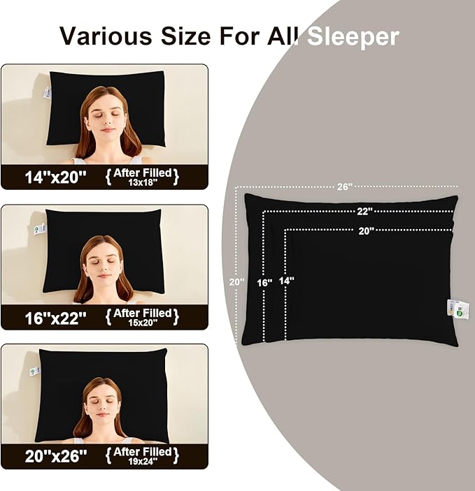 MIOTO Organic Buckwheat Pillow for Sleeping with Dual-Layer Pillowcase and Extra Tartary Buckwheat Hulls, Adjust Height and Firmness, Neck Support Pillow for Back and Side Sleepers 14"x20", Black