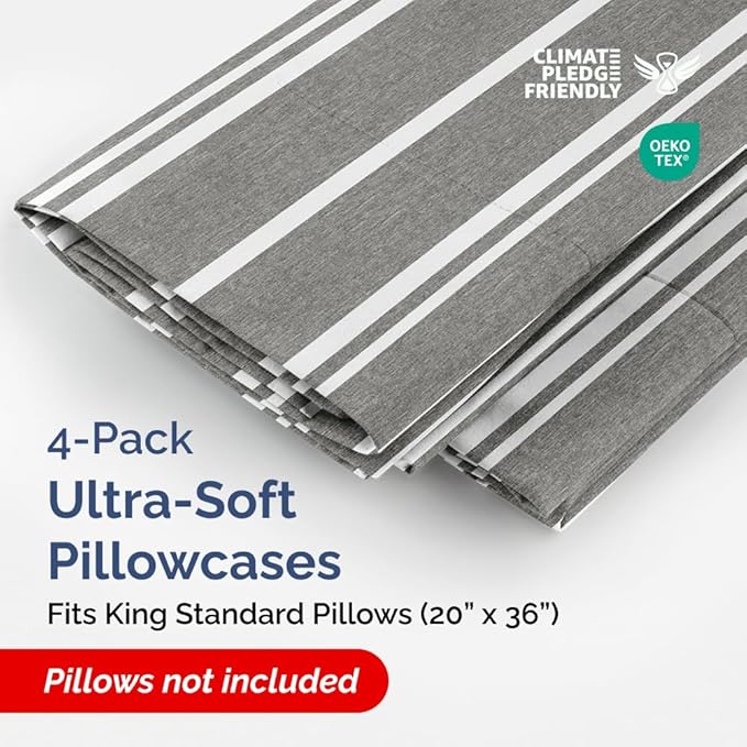 King Standard Pillow Cases Set of 4 - Soft Hotel Quality Pillowcase Covers - Comfy Bedding for Women, Men, Kids & Teens - Machine Washable Pillow Protectors - 4 Piece Set - King Standard Grey Stripes