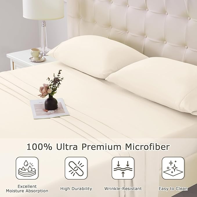 Full Size Bed Sheet Set - 4 Piece Soft Microfiber Sheets with Deep Pockets, Cooling Technology, and Wrinkle-Free Pillowcase. Hotel-Quality, Durable Bedding, Cream