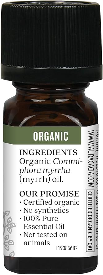 Aura Cacia Organic Myrrh Oil, Natural Myrrh Essential Oil for Skin & Hair Care, Aromatherapy, Body Massage & Humidifiers, Vegan | 0.25 Fl Oz (Pack of 1)