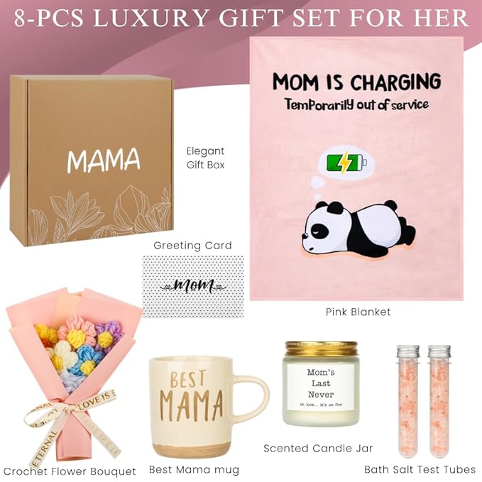 Mother's Day Gifts for Mom – 8 Piece Self Care Spa Gift Set with Cozy Blanket, Mama Mug, Candle & Bath Bombs – Birthday Gift Basket for Women from Daughter Son, Mommy Gift Box