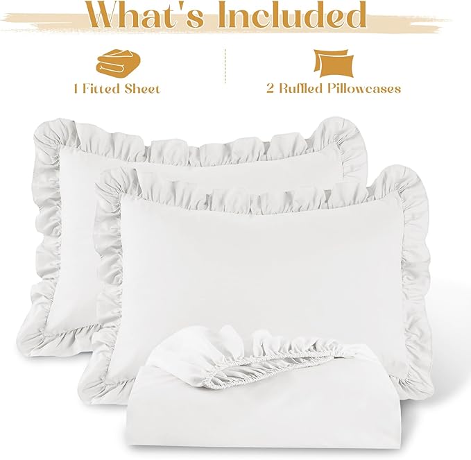Homiest 3-Pieces Ruffle Pillow Case & Fitted Sheet Set, White King Sheets with 2 Ruffled Pillow Shams, 15 Inch Deep Pocket, Cute & Coquette Microfiber Bed Set for Decorating Bedroom Hotel