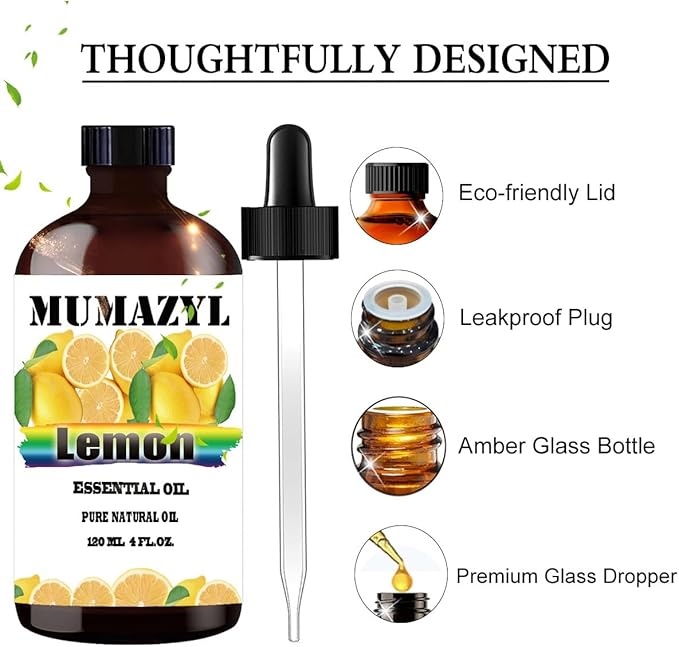 Lemon Essential Oil, Lemon Oil 4 Fl Oz 120ML for Diffuser Humidifier Yoga Cleaning DIY Candle Soap Making MUMAZYL Essential Oils