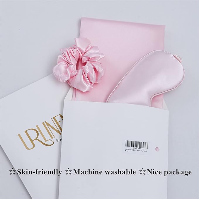 Satin Pillowcase for Hair and Skin, Vegan Silk Pillowcase Set-2 Pink Satin Pillowcases, 1 Eye Mask, 1 Scrunchie-Luxury Sleep Set, Silky Satin Pillow Cases Queen Size with Envelope Closure