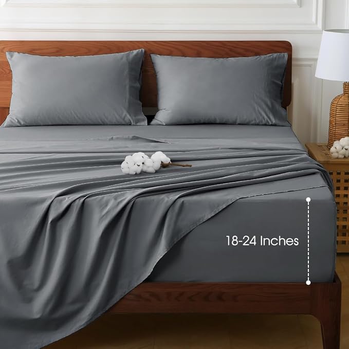 HYPREST Extra Deep Pocket Queen Sheet Sets Fits 18"-24" in Deep Mattress -100% Cotton Queen Sheet Set,Grey Hotel Luxury Soft Wrinkle Free Cooling Sheet Sets for Queen Bed Deep Pocket