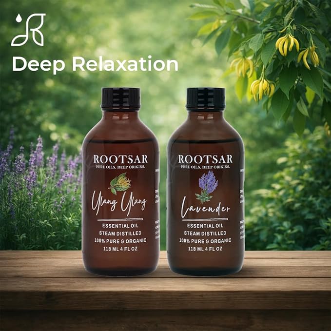 Lavender & Ylang Ylang Essential Oils Set – 100% Pure & Natural Diffuser Oils for Sleep, Stress Relief, Mood Support & Romantic Atmosphere – Premium Duo 4 FL OZ / 118 ML Per Bottle