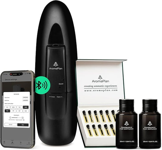 AromaPlan 5 Star Collection Plug in Diffuser (Fragrances+Sample Set Included)-Cold Air & Waterless Diffusers for Home & Office- Silent Wall Diffuser Plug in, Bluetooth App Control, 1000 sq. Ft (Black)