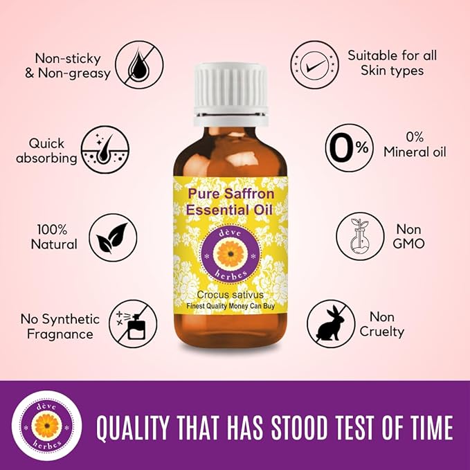 dève herbes Saffron Essential Oil (Crocus sativus) Pure | Non-Sticky | Non-Greasy | Lightweight | Men & Women | All Skin Types | Steam Distilled 5ml (0.16 oz)