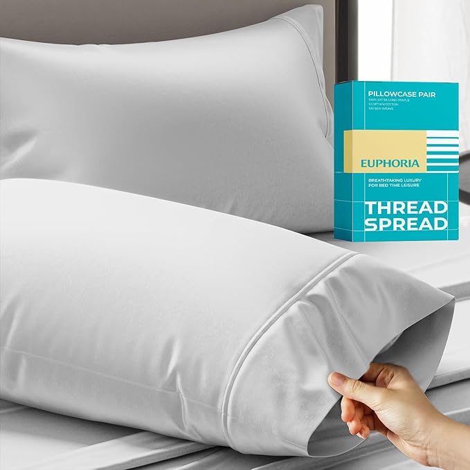 Thread Spread 100% Egyptian Cotton Queen Pillow Cases Set of 2 - Luxury 800 Series Euphoria Collection Queen Pillow Cases (Silver Grey), Soft Cooling Hotel Cotton Pillowcases, Fits Standard Pillows