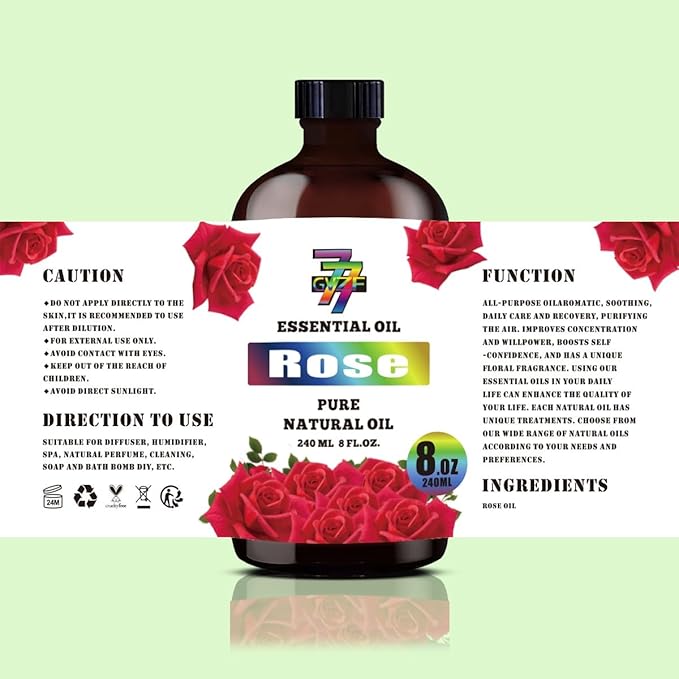 Rose Essential Oil - Rose Oils for Diffusers, Humidifiers, DIY Candles, Soap, Cleaning, Home, Office, Yoga, Massage, Gifts - 8 fl oz (240 ml) - GV77ZF
