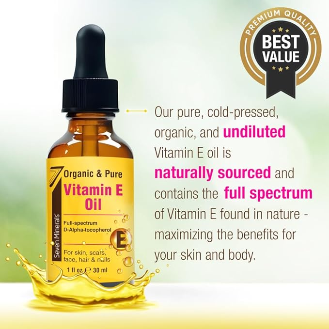 Seven Minerals Ultra Pure Vitamin E Oil - Full-Spectrum D-Alpha Tocopherol per 4 Oz Bottle - 100% Organic Vitamin E Oil for Skin, Face, Hair and Scars - Naturally Occurring:Not Synthetic. (Pack of 2)