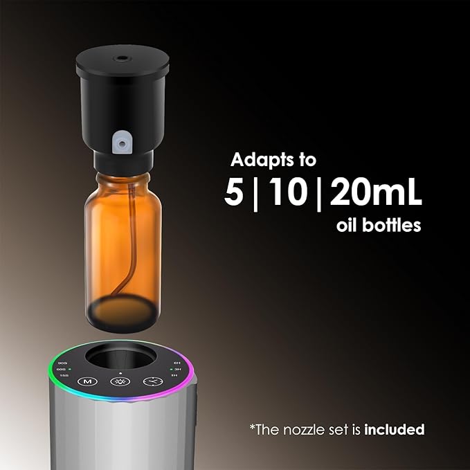 Waterless Essential Oil Diffuser, 7 Colors LED Light, Battery Powered Mini Scent Air Machine, Aromatherapy Mist Diffuser for Home Room Car Office，Black Aluminum Alloy (Silver-LED)