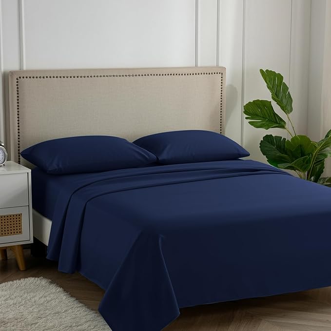 Carressa Linen 100% Egyptian Cotton King Size Sheets Set - 600 Series Hydrangeas Collection Egyptian Cotton Sheets King Size (4 PC, Navy Blue), 16" Deep Pocket Sateen Weave Luxury Bed Sheet