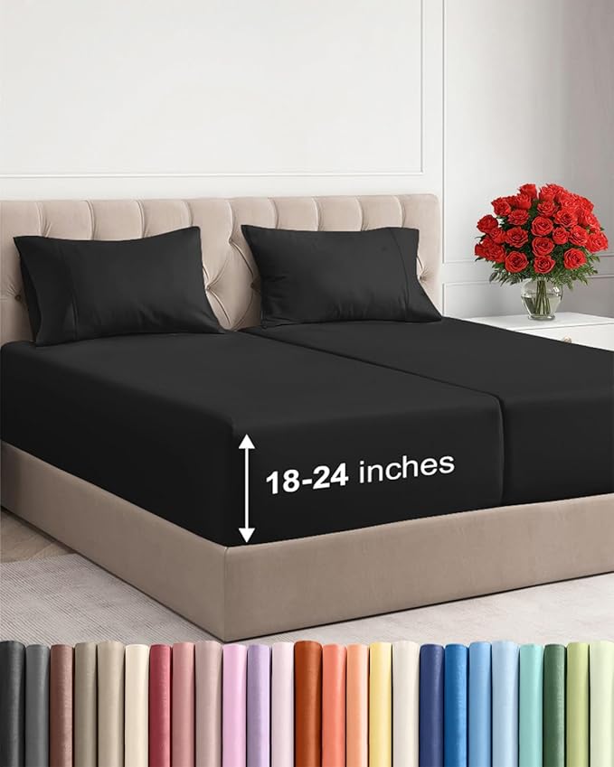 Extra Deep Split King Sheet Set - 5 Piece Breathable & Cooling Bed Sheets - Easily Fits 18 to 24 inch Mattress - Ultra Soft, Wrinkle & Fade Free w/ Extra Deep Pockets - Hotel Luxury Bedding - Black