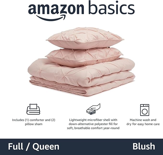 Amazon Basics Queen Size Comforter Set, All-Season Down-Alternative 3-Piece Bedding Set, Pinch Pleat Design, Full/Queen, Blush