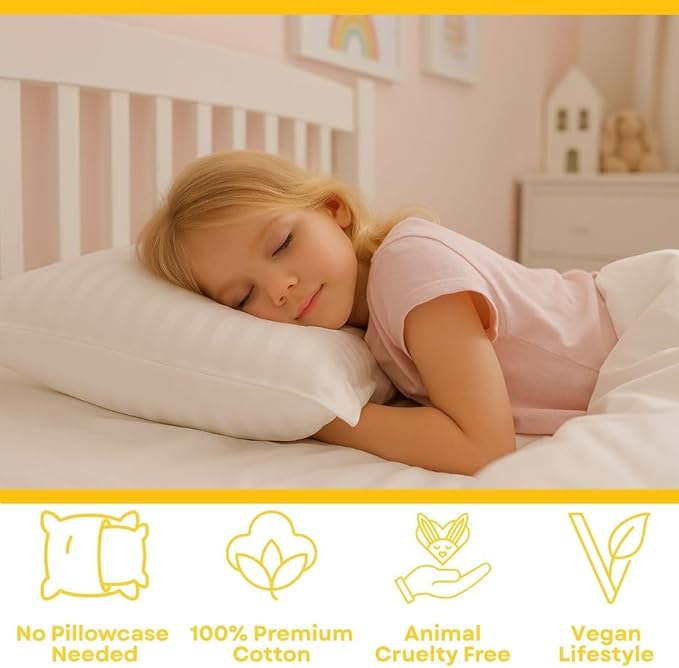 kinder Fluff Toddler Pillow 2X–Certified Hypoallergenic Award Winning Baby Pillow (no Pillowcase Needed) 300TC Pure Cotton Shell and Down Alternative Fill. Toddler Bedding Kids Pillow 4+ Rainbow