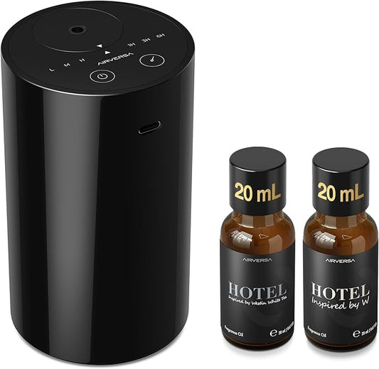 Airversa Waterless Essential Oil Diffuser Starter Kit with 2x20mL Luxury Hotel Fragrance Oils for Home Car Office, Battery Operated Mini Scent Air Machine Portable Diffuser, Gift for Mom, Black Kit