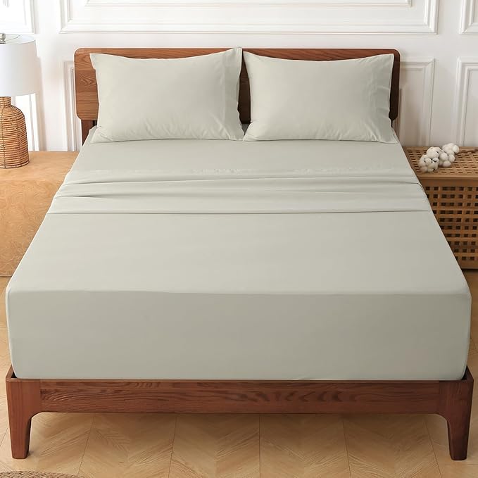 HYPREST 100% Cotton Percale Sheets Queen Size - 18-24 Extra Deep Pocket Bed Sheet Set Queen, Crisp & Breathable Cooling Bedding (Greige)