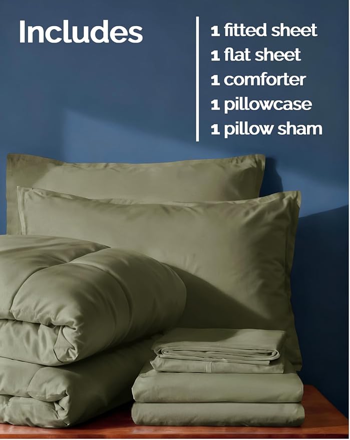 Twin Comforter Set - 5 Piece Bed in a Bag Twin Size Bed Set - Down Alternative Comforter, Flat Sheet, Fitted Sheet, Pillowcase & Sham for All Seasons - Ultra Soft, Comfy and Breathable - Sage Green