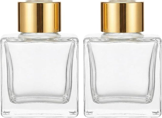 2PCS 50ml/1.7oz Empty Clear Glass Diffuser Jars with Gold Cap Small Square-Shaped Essential Oil Container Fragrance Accessories Use for DIY Replacement Set