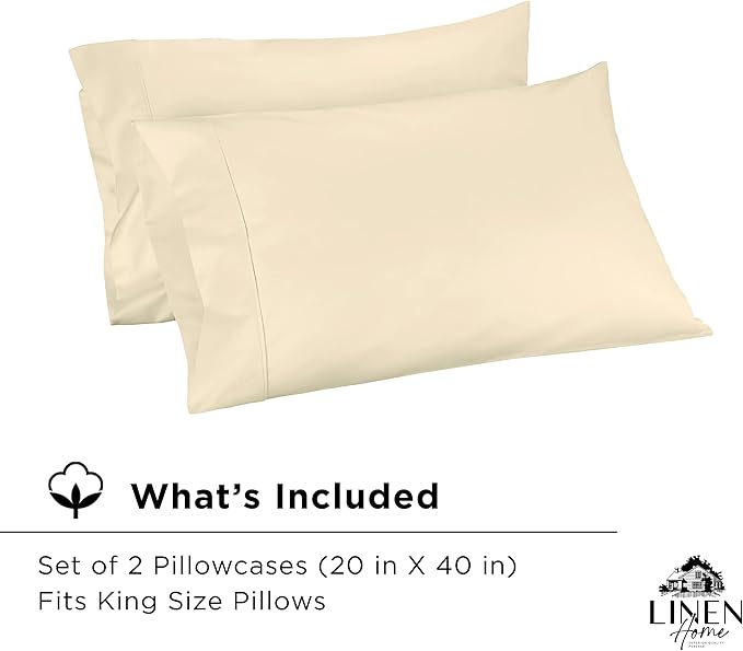 Linen Home 600 Thread Count King Pillowcase Set | 100% Long-Staple Cotton Pillow Cases | Soft & Smooth Luxury Satin Set of 2 Pillowcases | 4 Inch Z Hem | Ivory