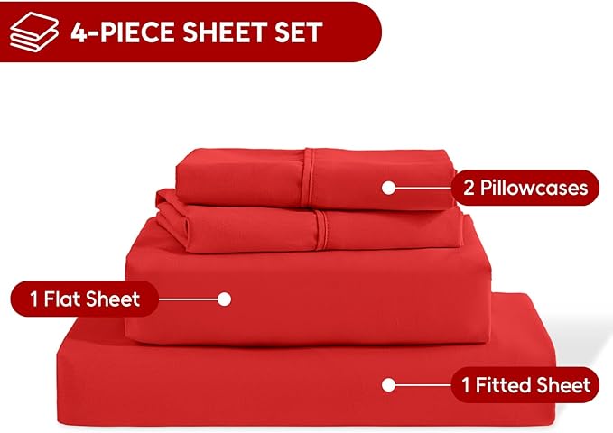 King Size Sheets Set, 4 Pieces Hotel Luxury Soft Microfiber Bed Sheets Set, Up to 16" Deep Pockets, Oeko-Tex Sheets with Elastic, Breathable, Wrinkle Free (Red, King)