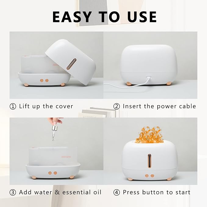 Cute Multicolored Flame Diffuser Humidifier,Essential Oil Aroma Therapy Diffuser with Waterless Auto-Off Protection,Fire Air Diffuser for Home Office Bedroom (White)