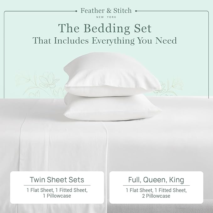 Feather & Stitch Softest 100% Cotton Sheets, 300 Thread Count Percale Weave Bedding, 16" Deep Pocket, Cooling Sheets, Breathable Bed Set, Hotel Premium Quality (Full, White)