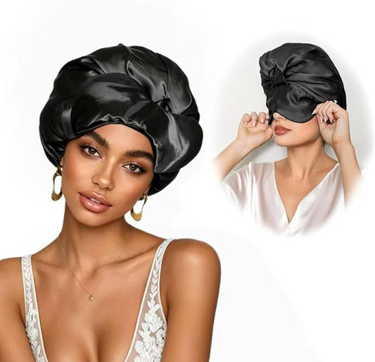 2-in-1 Satin Sleep Bonnet with Eye Mask for Women –Silk-Lined Hair Bonnet for Sleeping, Adjustable, Anti-Frizz for Curly Hair