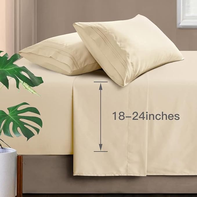Manyshofu Extra Deep Pocket Twin Sheets Set - Hotel Luxury 1800 Thread Count Sheets & Pillowcases - Kids Bedding Set up to 24" Mattress - Light Beige Bed Sheets 18-24 Inch Deep Pockets - 3 Piece