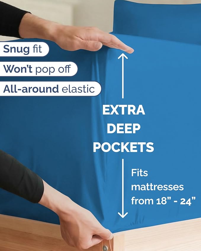 Extra Deep Twin XL Sheet Set - 3 Piece Breathable & Cooling Bed Sheets - Easily Fits 18 to 24 inch Mattress - Ultra Soft, Wrinkle & Fade Free w/ Extra Deep Pockets - Hotel Luxury Bedding - Denim Blue