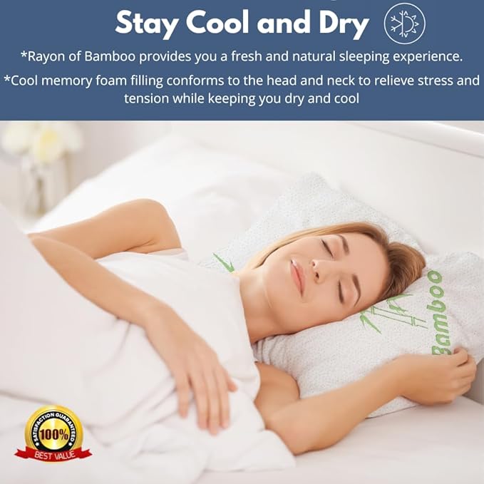 Memory Foam Bamboo Pillows King 20" x 36" [Adjustable] for Sleeping - Cool & Breathable Cover with Zipper Rayon Derived from Bamboo Pillowcase - Relieves Neck Pain - Back/Stomach/Side Sleeper