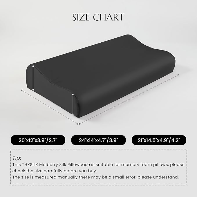 THXSILK 19 Momme 100% Mulberry Silk Pillowcase for Contour Memory Foam Pillow, Contour Pillow Case Cover, Cervical Pillow Case, Pack of 1(Black, 21"x14.5"x4.9"/4.2")
