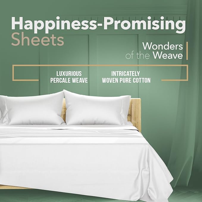 TEXAS LINEN CO. 100% Organic Cotton Percale Sheets King Size Pack or 2 - Soft & Crisp Organic Cotton Sheets King Size (8 PC, White), 16" Deep Pocket Percale Weve Bed Sheet Set - GOTS Certified