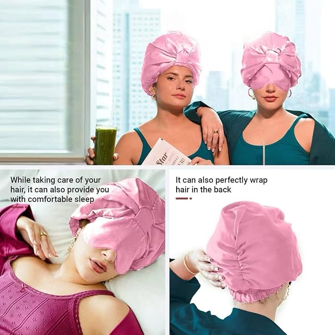 2-in-1 Satin Sleep Bonnet with Eye Mask for Women –Silk-Lined Hair Bonnet for Sleeping, Adjustable, Anti-Frizz for Curly Hair