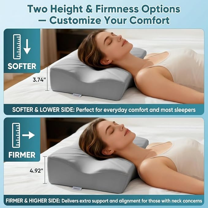 DOBUONO Cervical Neck Pillow - Side Sleeper Pillow for Neck Pain Relief, Odorless Memory Foam Pillow with Cooling Cover & Dual Height, Ergonomic Contour for Neck & Shoulder Support, Grey